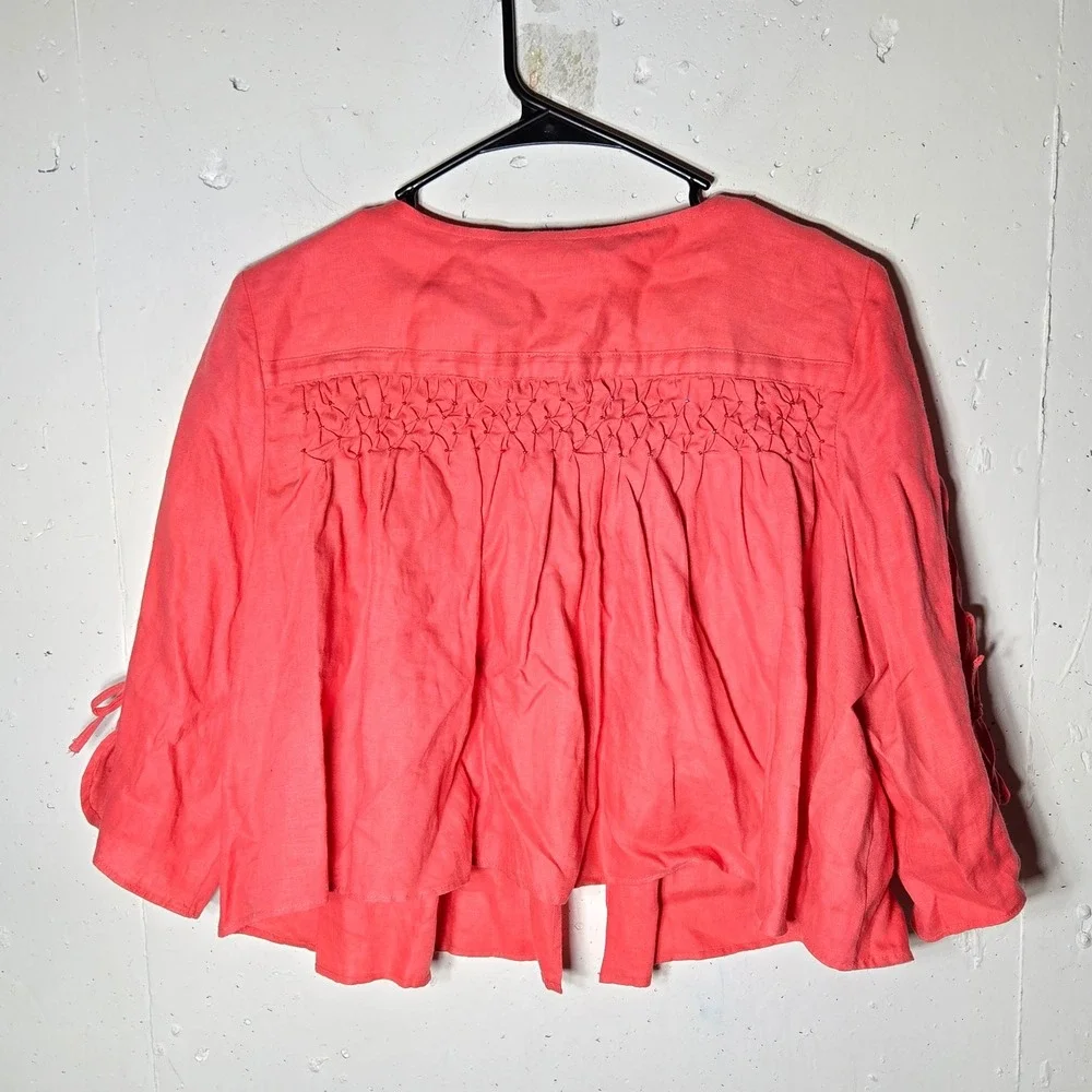 Grace‎ Elements 100% Linen Smocked Beaded Cropped Jacket 14 Coastal Breathable